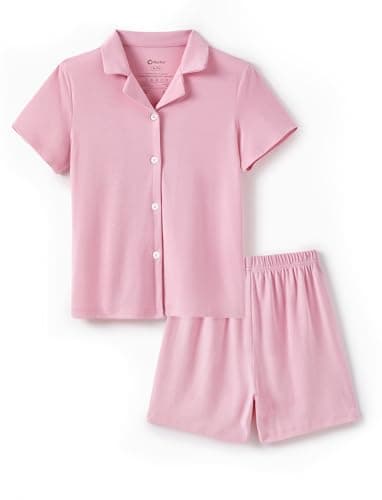 PATPAT Girls Shorts Pajamas Sets Button-down Pajama 2 Piece Loose High Rise Nightwear for Child Pink 7 Years - Image 1