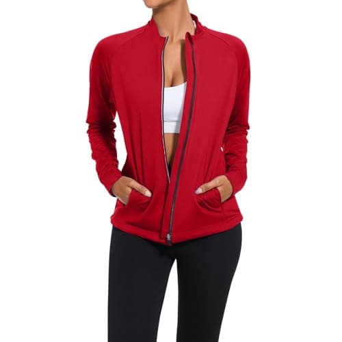 bpbtti Women's Polar Fleece Zip Up Workout Jackets with Pockets Slim Fit Cottony Soft Jacket for Running Athletic Yoga (Red,Medium) - Thumbnail 4