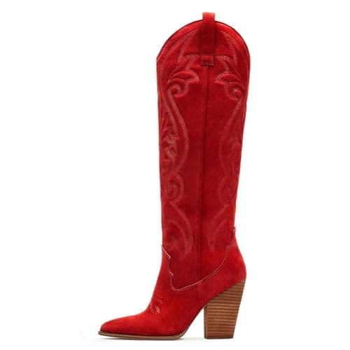 VOMIRA Red Cowboy Boots for Women Pointed Toe Embroidered Wide Calf Cowgirl Boots Western Knee High Cowboy Boots Women - Image 1