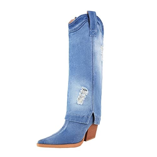 Reitoye Womens Western Cowboy Denim Knee High Boots Fold Over Chunky Mid Heel Boot Size 6 - Image 1