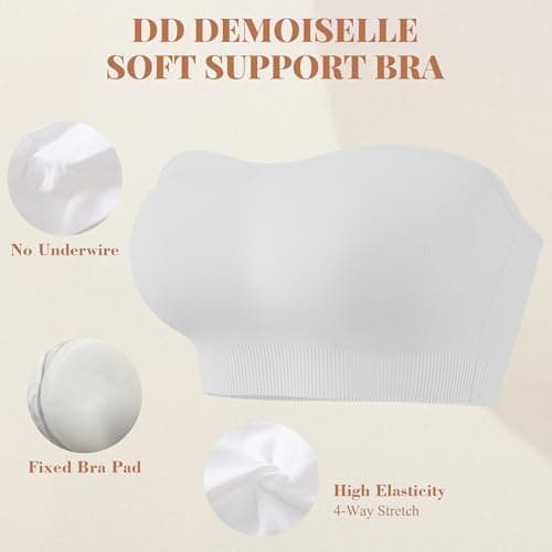 DD DEMOISELLE 1 Pack Strapless Bra with Support, Summer Padded Bandeau Bra Tube Tops for Women, White-Next-Gen Non-Removable Padding，M - Thumbnail 4