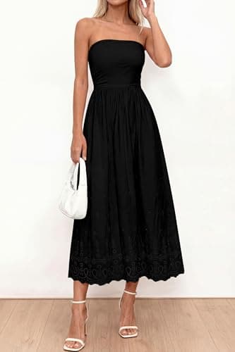 PRETTYGARDEN Womens Summer Dresses 2026 Sexy Sleeveless Tube Top Long Dress Eyelet Cotton Maxi Beach Sundress Pockets(Black,Large) - Thumbnail 3