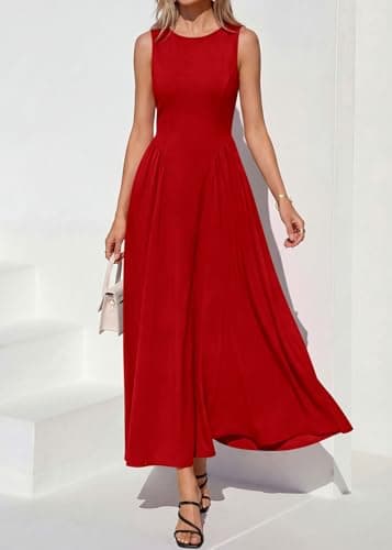 KIRUNDO Wedding Guest Dresses for Women 2026 Summer Semi Formal Work Sleeveless Elegant Boat Neck Flowy A Line Maxi Dress(Red, Large) - Thumbnail 6