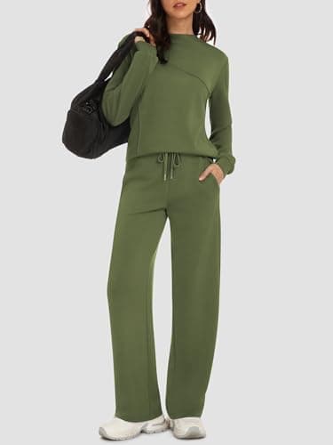 Casly Lamiit Womens Two Piece Lounge Set Fall Casual Travel Outfits Mock Neck Sweatshirt Wide Leg Pants 2025 Matching Airport Tracksuit Army Green XL - Thumbnail 4