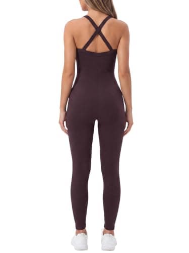 VUTRU Women’s Jumpsuits Cross Strap One Piece Bodysuit Sexy Workout Tummy Control Athletic Sleeveless Romper（Dark Brown XL） - Thumbnail 4