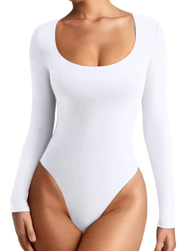 REORIA Womens Fall Outfits Basic Scoop Neck Long Sleeve Leotards Fashion Sexy Double Lined Layering Slim Body Suit Tops Plus Size White X-Large - Image 1
