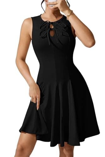 Pink Queen Women's Elegant Bow Tie Sleeveless A-Line Dress Summer Round Neck Slim Bodycon High Waisted Fit and Flared Party Date Outfits Black L - Image 1