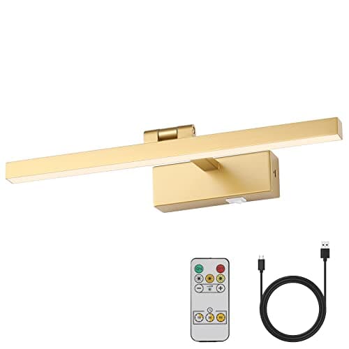 Joosenhouse Picture Light Battery Operated Dimmable Wireless Picture Light with Timer Remote Gold Painting Light Adjustable Swing Arm Wall Light 15.75" Inches Long 3000k - Image 1