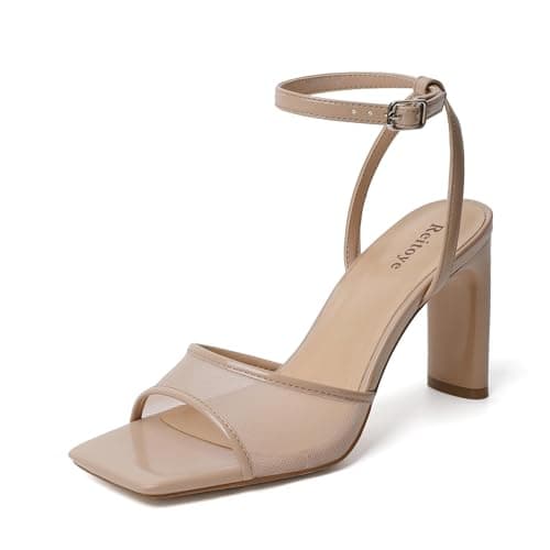 Reitoye Nude Mesh Heels for Women Open Toe Chunky High Heels Strappy Ankle Strap Sandals Womens Size 8.5 - Image 1