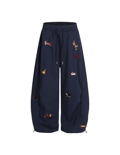 Aelfric Eden Embroidery Puppy Baggy Barrel Sweatpants Casual Y2K Elastic Drawstring Unisex Wide Leg Pants Lantern Trouser Dark Blue M - Image 1