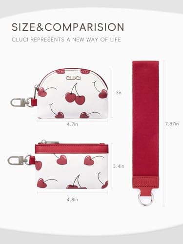 CLUCI Keychain Wallet for Women PU Leather Coin Purse Detachable Dual Pouch Wristlet Wallet Zipper Pocket Cherry Print - Thumbnail 3