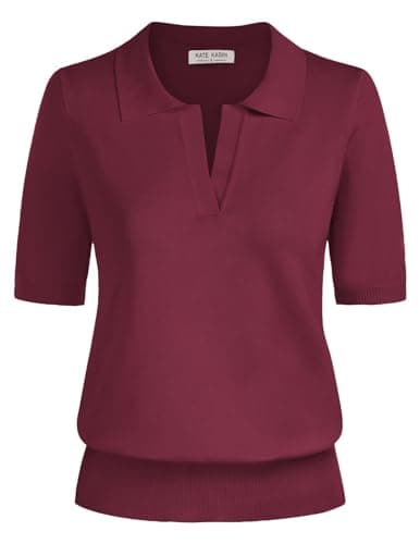 Kate Kasin Women Short Sleeve Polo Sweater Tops Lightweight Summer V Neck Soft Knit Pullover Shirt Burgundy L - Image 1