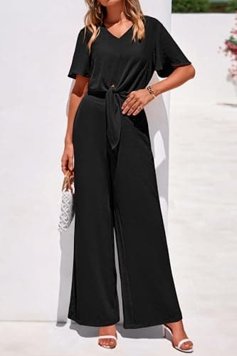 PRETTYGARDEN Women 2 Piece Summer Outfits Short Sleeve Strappy Top Wide Leg Pants Tracksuit Lounge Sets Beach Clothes(Black,Medium) - Thumbnail 4