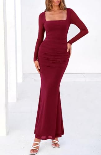 BTFBM Women's Maxi Dresses Fall 2026 Long Sleeve Ruched Bodycon Dress Square Neck Cocktail Party Wedding Guest Dresses(Wine Red,Small) - Thumbnail 3