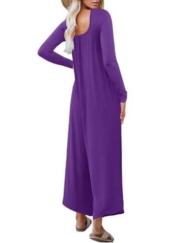 STOLKISS Long Sleeve Jumpsuit for Women Plus Stretchy Loose Fit Dressy V Neck Long Pants Rompers with Pockets 2024 Purple - Thumbnail 3