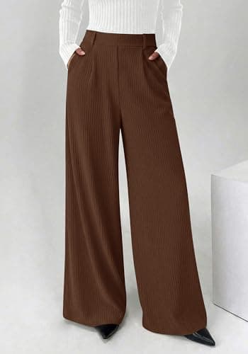 BTFBM Wide Leg Pants for Women Dressy Work Business Casual Elastic High Waisted Trousers Ribbed Lounge Palazzo Pants(Brown, Large) - Thumbnail 2