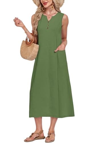 MOLERANI Women's Summer Casual Button Down Midi Dresses with Pockets V Neck Sleeveless Sundress Holiday Getaway, Deep Army Green, 2XL - Thumbnail 2