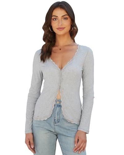 Homepeaz Cardigan for Women Cropped Lightweight V Neck Ribbed Knit Going Out Tops Button Down Shirts Lace Trimmed Semi-Sheer Long Sleeve Tops Fitted Grey - Image 1