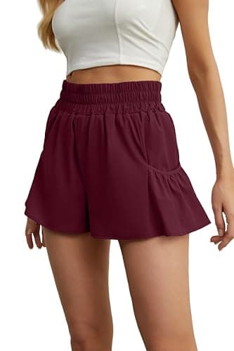 FREEOAK Shorts for Women High Waisted Flowy Ruffle Skirt Overlay Workout Running Tennis Shorts Quick Dry Gym Shorts Pocket Wine Red - Image 1