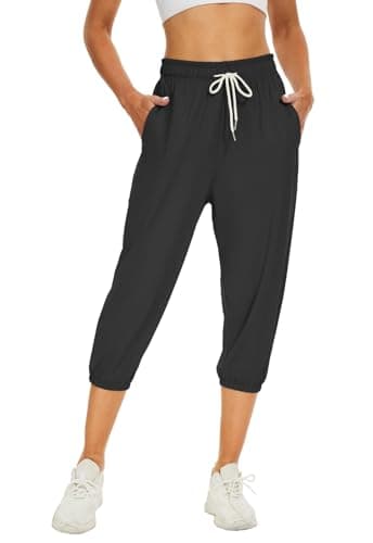 BATHRINS Women's Capri Sweatpants Summer Casual Jogger Drawstring Waist Pants with Back Pockets Black - Image 1