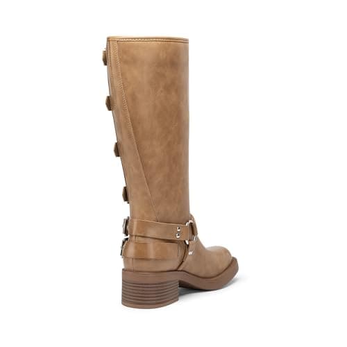 Athlefit Knee High Boots for Women Riding Fashion Buckle Square Toe Chunky Heel Wide Calf Biker Boots Camel Size 6 - Thumbnail 5