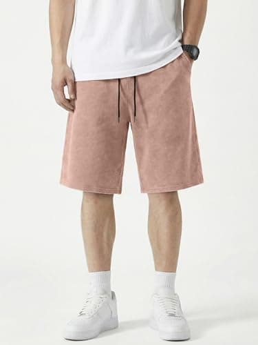 JMIERR Acid Washed Cotton Shorts for Men Relaxed Fit Stretchy Comfy Elastic Waist Drawstring Streetwear Summer Y2K Vintage Baggy Dress Shorts, Light French Beige, Small - Thumbnail 4