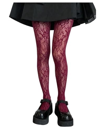 SHENHE Women's Patterned Fishnet Tights High Waist Pantyhose Floral Stockings Flower Burgundy One-Size - Image 1