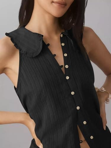 Womens Peter Pan Collar Sleeveless Shirt Summer Eyelet Cotton Button Down Tank Tops Casual Ruffle Flowy Blouse Vest Black - Thumbnail 2