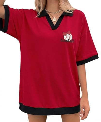 Women Baseball Game Day Shirt V Neck Short Sleeve Graphic Tee Bow Print Sporty Casual Top for Baseball Fans Red