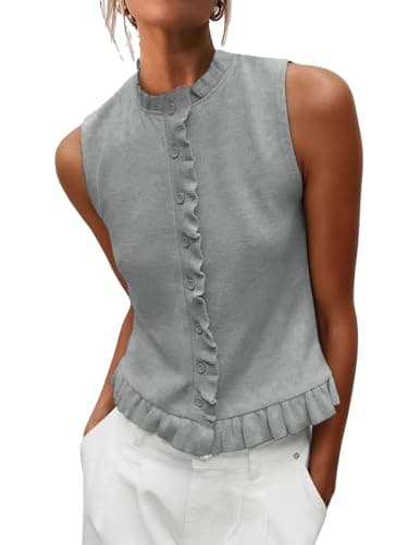 Hilomirics Womens Sleeveless Sweater Vest Mockneck Button Down Vacation Tank Top Summer Ruffle Going Out Vest Tops Grey - Image 1