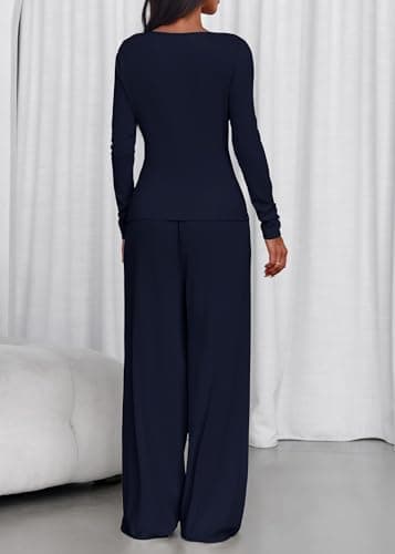 Lazysmile Lounge Sets For Women 2 Piece Sets Fall Outfits Long Sleeve Tops with Wide Legs Pants Casual Matching Set - Thumbnail 2