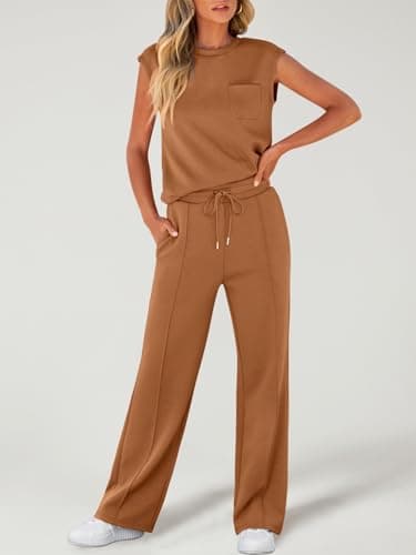 ANRABESS Two Piece Sets for Women Summer Sleeveless Sweatsuits Wide Leg Casual Lounge Set Matching Vacation Travel Outfits Medium - Thumbnail 3