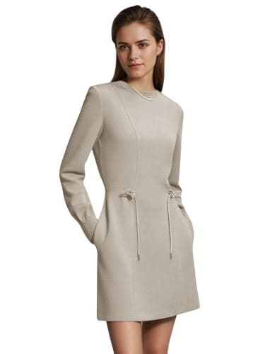 COCOMARTS Womens Long Sleeve Crewneck Sweatshirt Dress Drawstring Waistband Casual Tunic Tops Mini Dresses 2025 Fall Clothes Khaki X-Large - Thumbnail 5