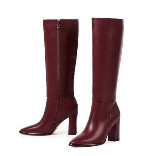 Easyfox Burgundy Tall Boots for Women Knee High Boots Pointed Toe Chunky Heel Fall Long Boots Size 9 - Thumbnail 4