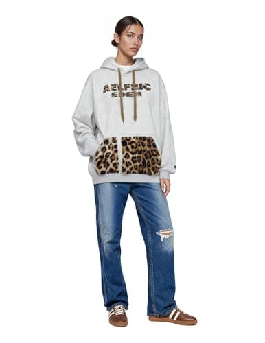Aelfric Eden Oversized Hoodies Womens Leopard Letter Print Hoodie Fall Y2k Hooded Sweatshirts With Pocket Light Gray Large - Thumbnail 4