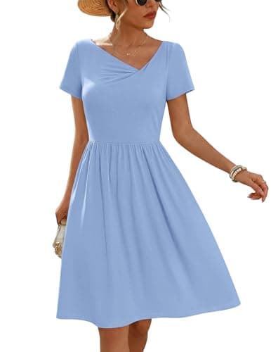 MEROKEETY Women's Summer Asymmetrical V Neck Sundress 2026 Short Sleeve Casual Ruched A Line Beach Vacation Mini Dresses, Blue, X-Large - Image 1