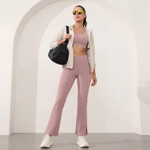AMLEER Women's High Waist Full-Length Flare Leggings with Side Slit - Tummy Control Butt Lifting Gym Yoga Pants (Pink, X-Large) - Thumbnail 3