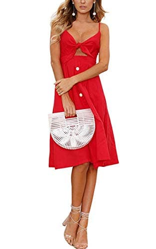 ECOWISH Women Summer Dresses Tie Front V-Neck Spaghetti Strap Button Down A-Line Backless Swing Midi Dress 809 Red XL - Thumbnail 4