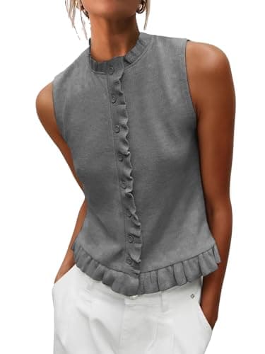 Hilomirics Womens Sleeveless Sweater Vest Mockneck Button Down Vacation Tank Top Summer Ruffle Going Out Vest Tops Dark Grey - Image 1