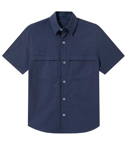 Funnycokid Boys Dress Shirts Button Down Short Sleeve Size 14 13 Teen Navy Blue Casual Cotton Woven with 3 Pockets - Image 1