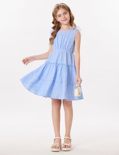 GRACE KARIN Girls Sleeveless Summer Dress, Ruffle Tiered Easter Spring Party Dresses for Little Kids Size 10,Light Blue - Thumbnail 5