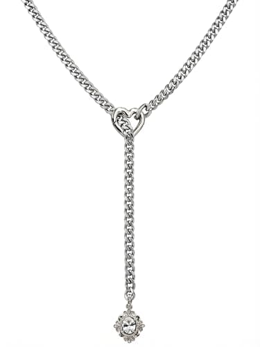 EverGlimp Heart Slip Chain Necklace for Women, Silver Cuban Chain Y-Necklace with Adjustable Heart O-Ring & Crystal Pendant, Long Lariat Statement Jewelry (25 Inch'' Crystal White) - Image 1