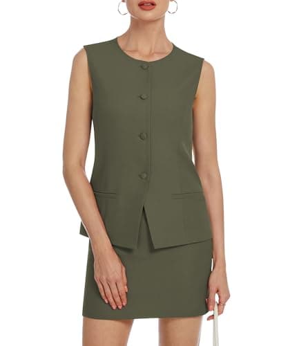 Casly Lamiit Womens Suits 2 Piece Set Summer Business Blazers Vest Skirts Set Button Down Sleeveless Waistcoat Dressy Casual Outfits Army Green 2XL - Image 1