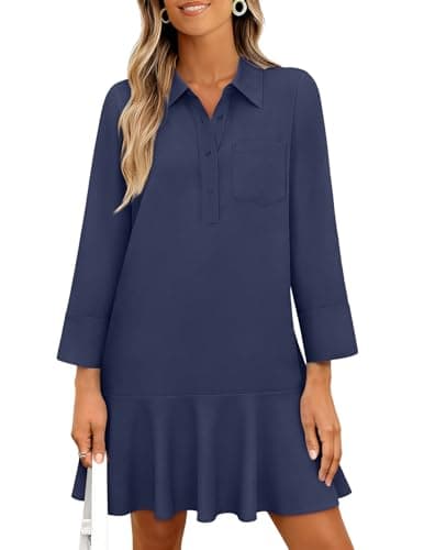 MEROKEETY Women's 2025 Fall 3/4 Sleeve Shirt Dress Casual Button Down Shift Pleated Midi Dresses with Pockets, Navy, Small - Image 1