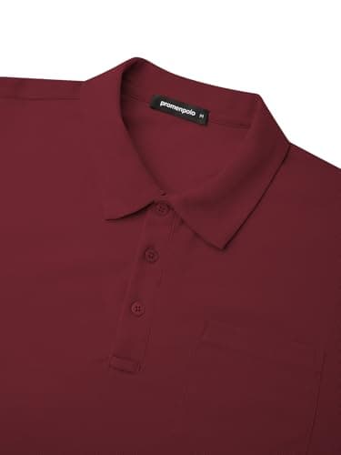 Promen polo Men's Classic Long Sleeve Polo Shirts Casual Lightweight Solid Golf Shirts with Pocket Wine Red L - Thumbnail 3