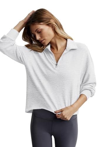 COCOMARTS Womens Sweatshirts Half Zip Pullover Drawstring Waist Sweaters Quarter Zipper Hoodies 2025 Fall Winter Fashion Clothes Outfit Light Gray Medium - Thumbnail 2