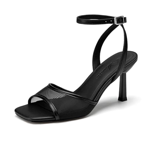 Athlefit Black High Heels for Women Square Open Toe 3-Inch Stiletto Heels Summer Mesh Sexy Strappy Heeled Sandals for Party Prom Size 9 - Image 1