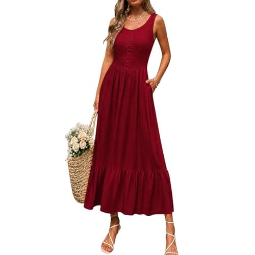 materasu Button-Front Sleeveless MidiDress with Pocket: for Women Comfortable Casual Dress with Ruffle Hem,Perfect for Summer&Everyday Wear Red - Image 1
