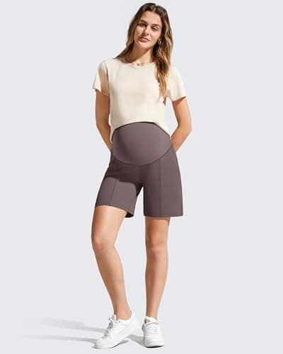 G4Free Maternity Athletic Shorts Over The Belly Comfy Wide Leg Pregnancy Casual Shorts with Pockets Summer Postpartum(Taupe,XXL) - Thumbnail 5