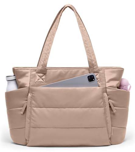 Tote Bag for Women with Zipper, Quilted Puffer Tote Bag with Compartments, Lightweight Puffy Work Bags for Women Travel (Light Khaki) - Image 1
